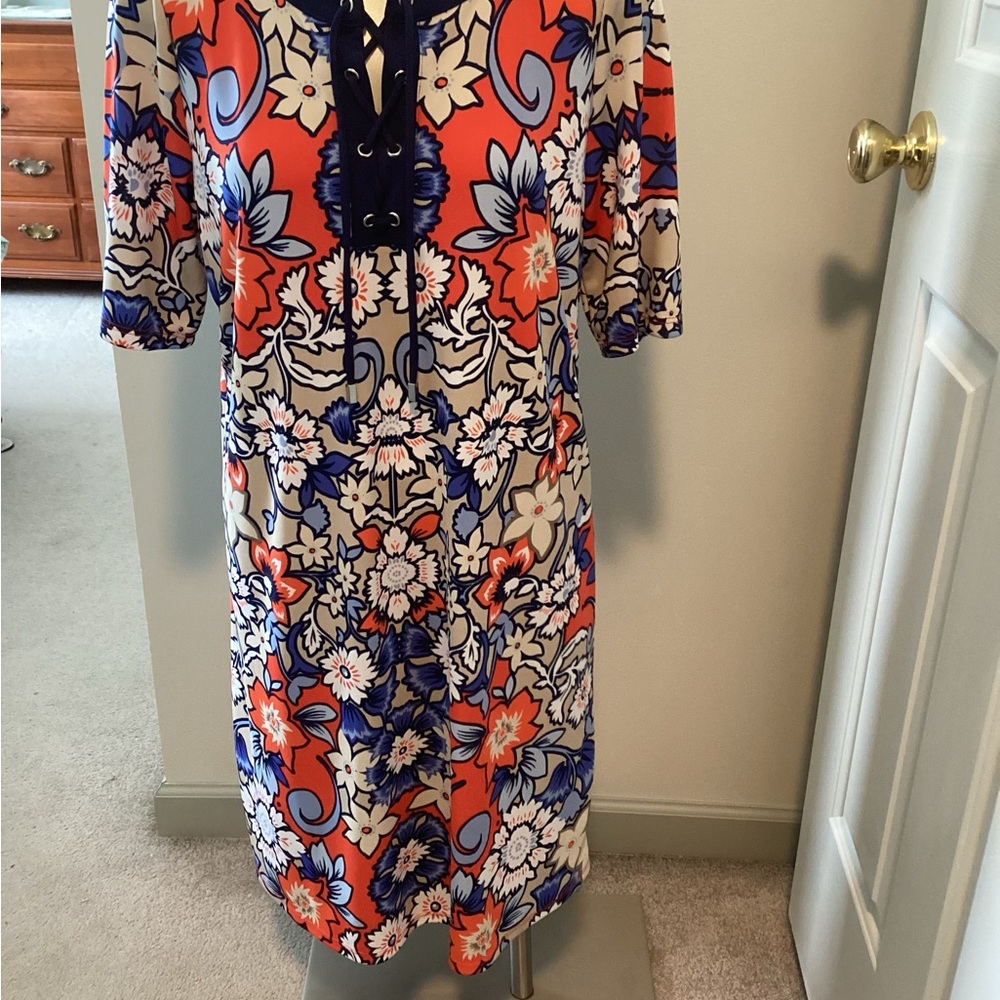 Liz Claiborne Bold Floral Lace-Up Midi Dress in Orange, Blue & Cream